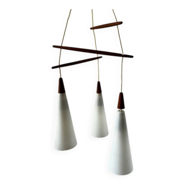 Suspension vintage scandinave triple teck et opaline