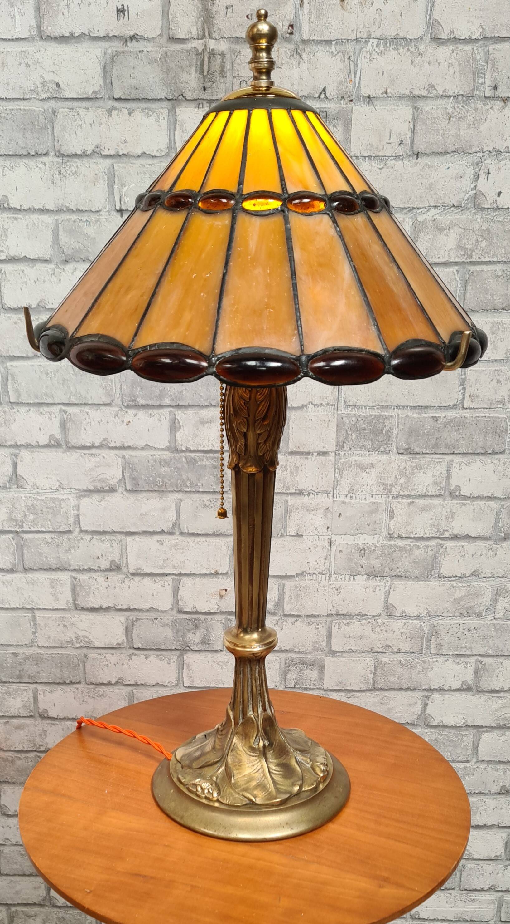 Large solid bronze art nouveau lamp 1900, tiffany lampshade 55x30 inter with zipper