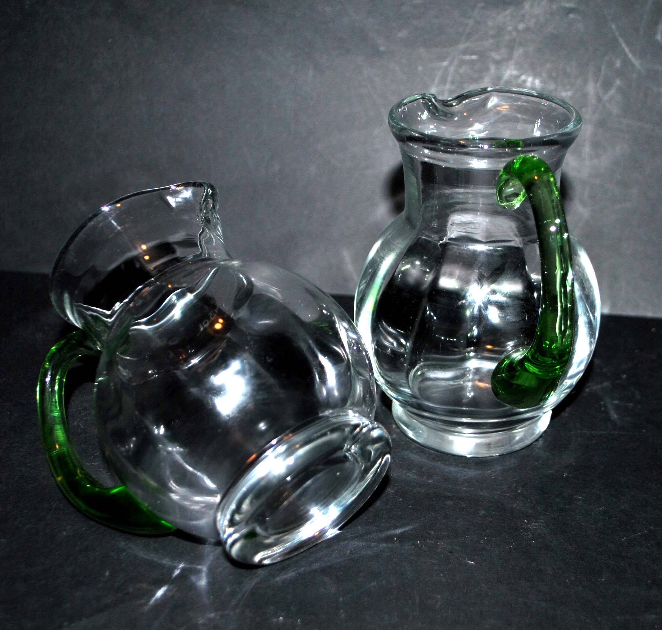 Set of 2 small blown glass wine pitchers - vintage green Alsatian balloon pitcher