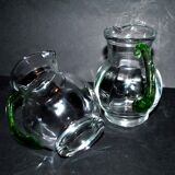 Set of 2 small blown glass wine pitchers - vintage green Alsatian balloon pitcher