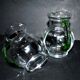 Set of 2 small blown glass wine pitchers - vintage green Alsatian balloon pitcher