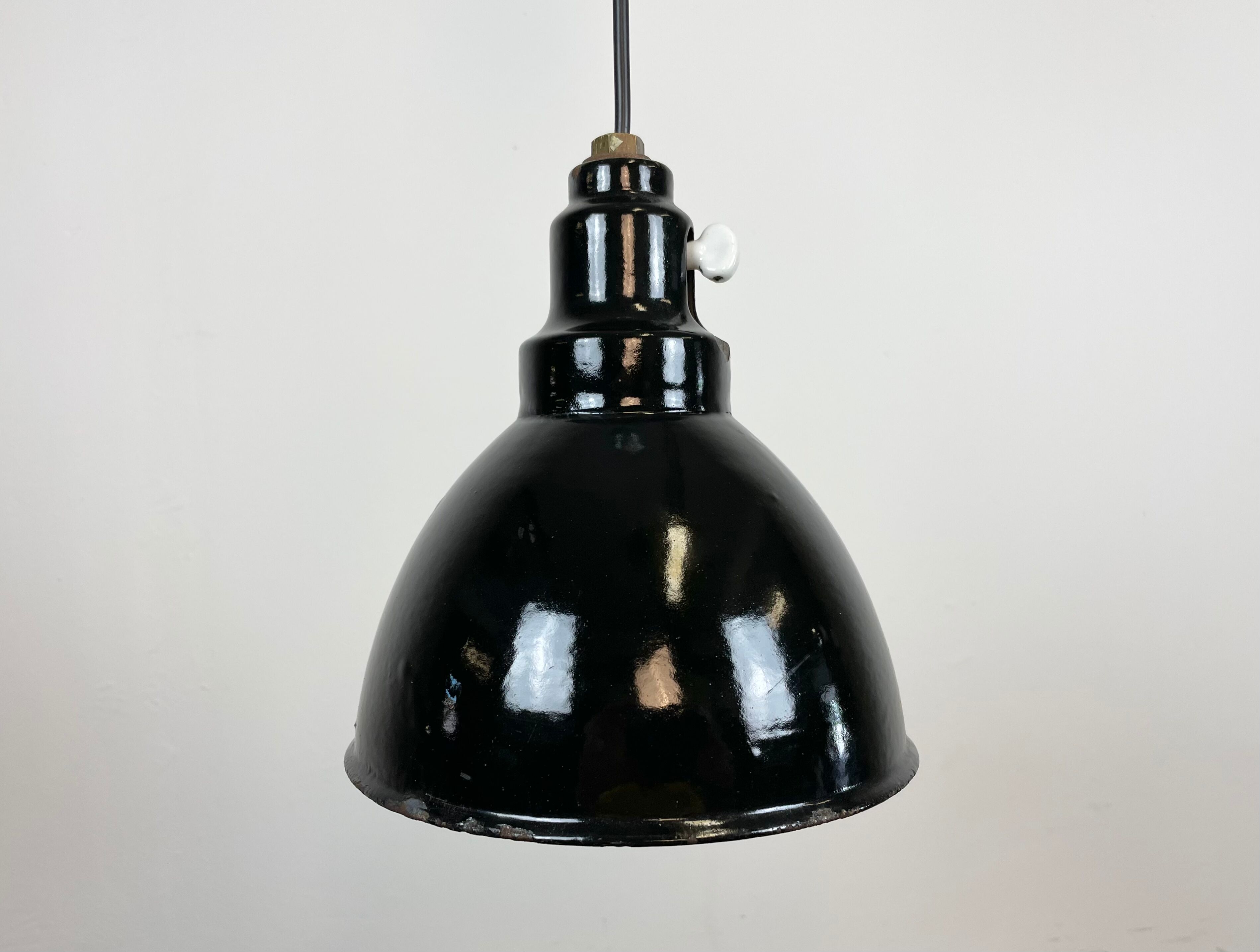 Industrial black enamel pendant lamp, 1950s