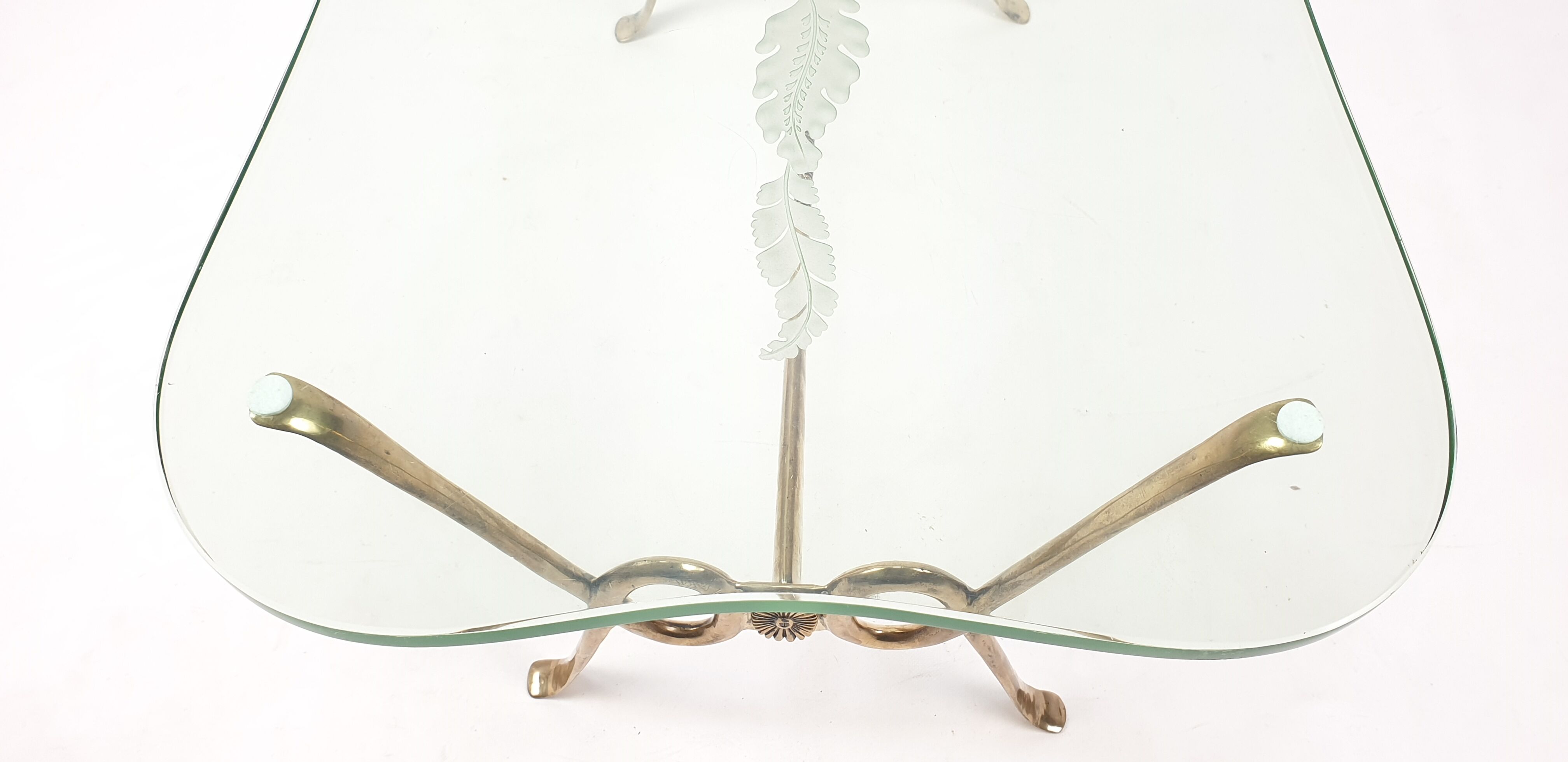 Italian coffee table with etched glass and brass base, 1960