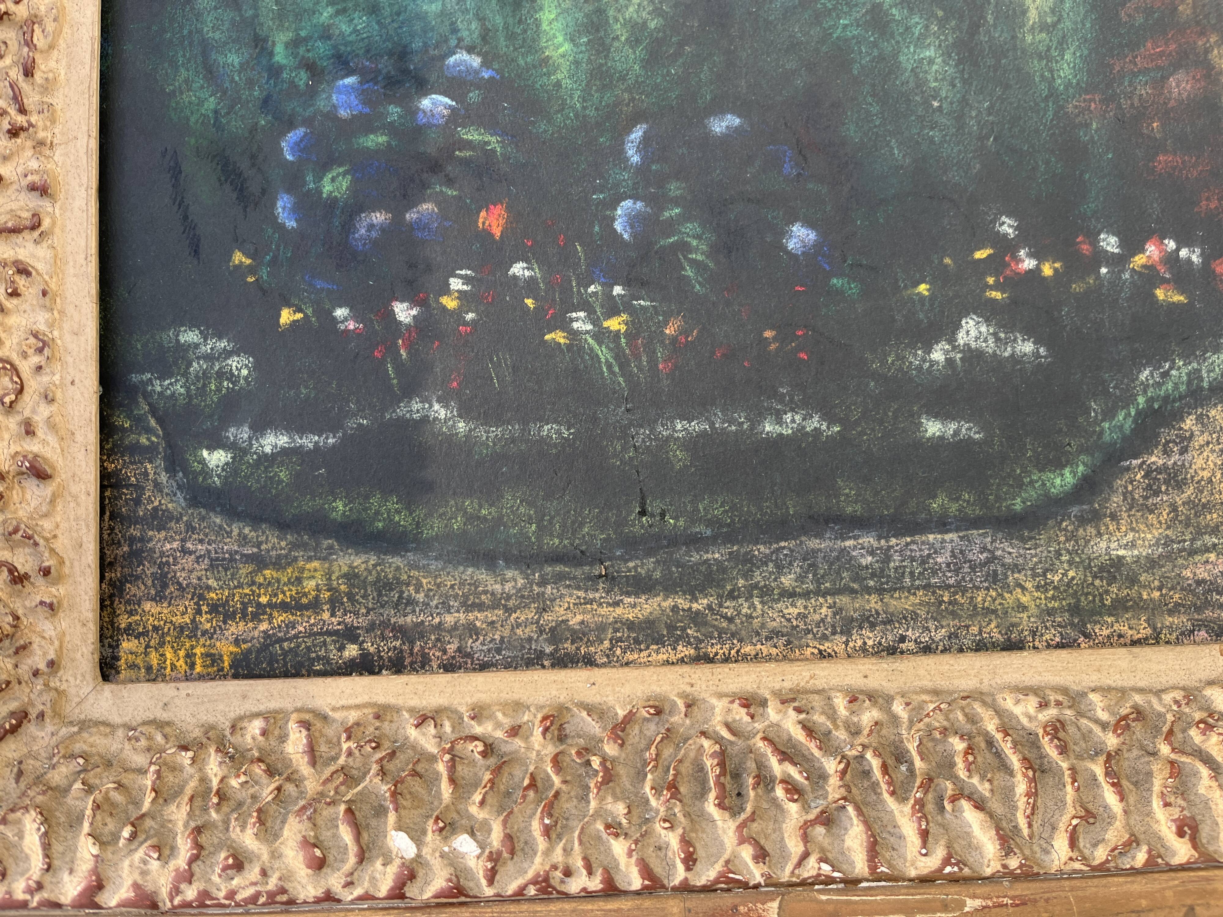 Old large pastel tableau - Scene of a wooded and flowered garden