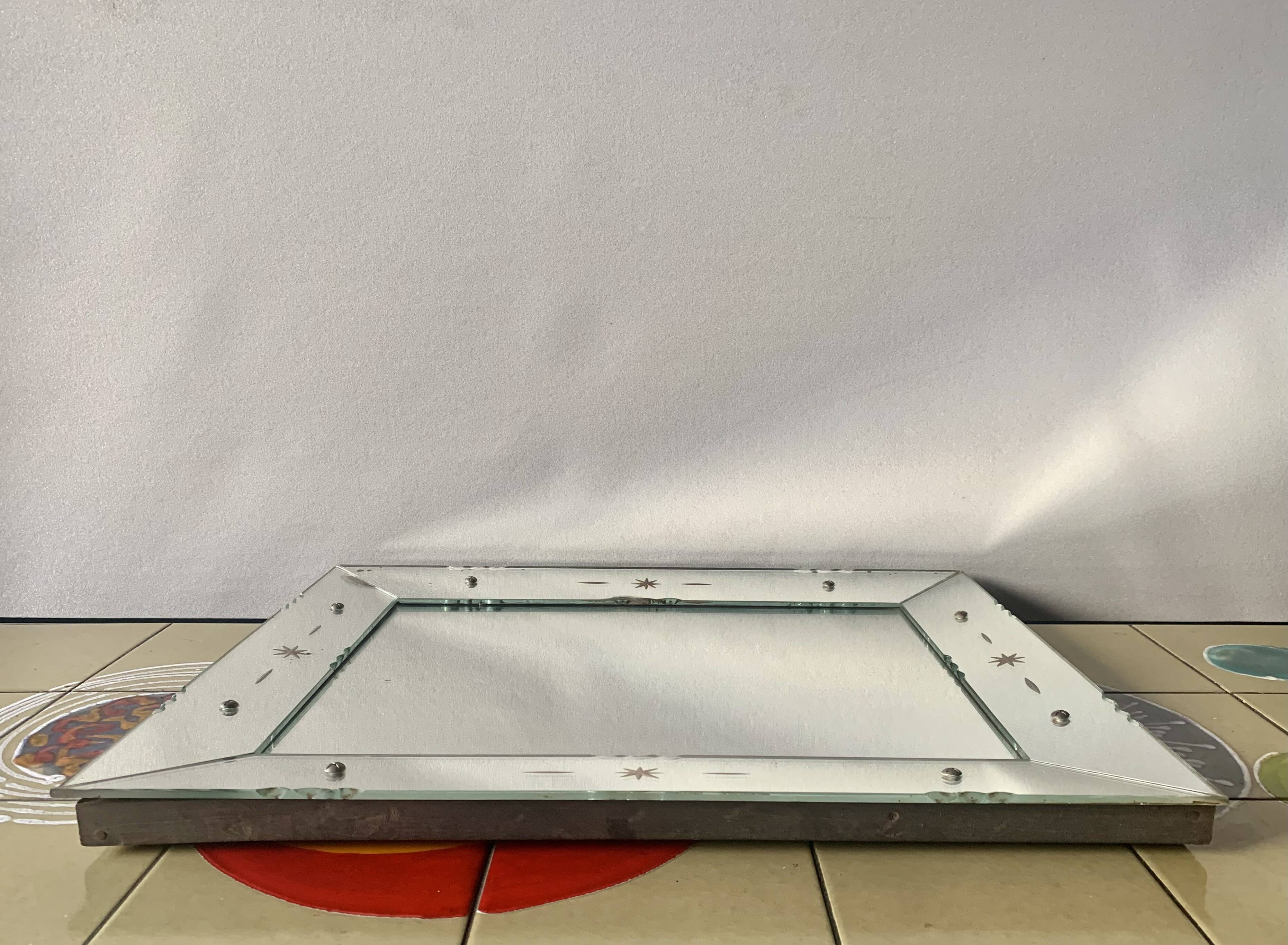 Rectangular Art Deco wall mirror inlaid and chiseled on wood