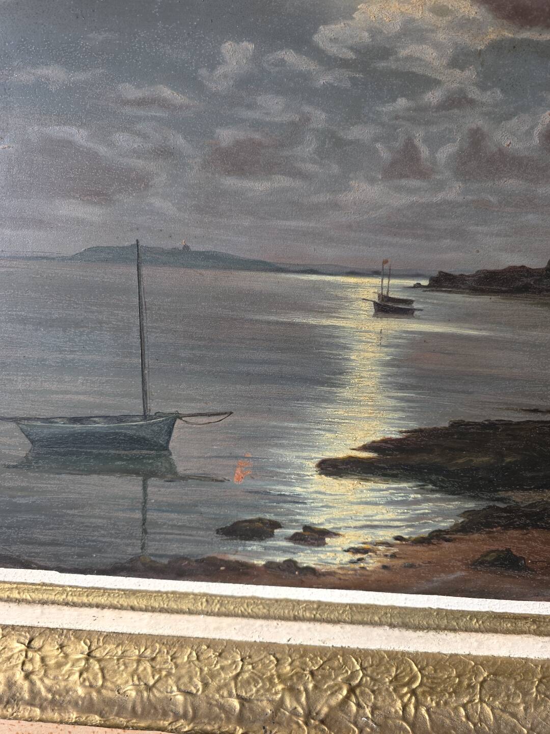 Old painting signed Roger de la Corbières – Seascape in the moonlight