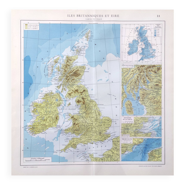 Carte vintage Grande-Bretagne et Irlande 43x43cm de 1950
