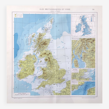 Vintage map of Great Britain and Ireland 43x43cm from 1950