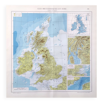 Carte vintage Grande-Bretagne et Irlande 43x43cm de 1950