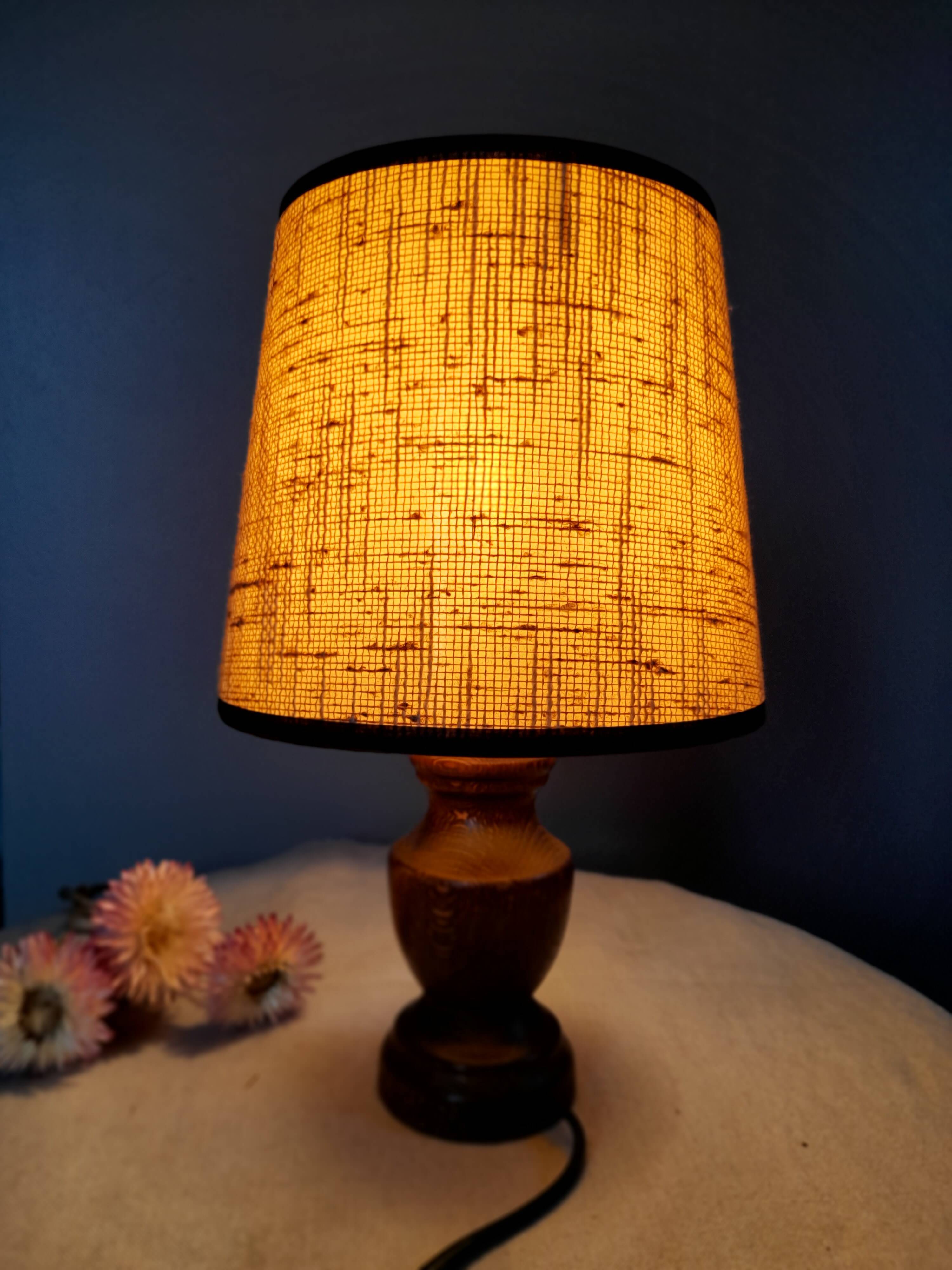 Table lamp foot turned wood, lampshade jute - vintage 1970