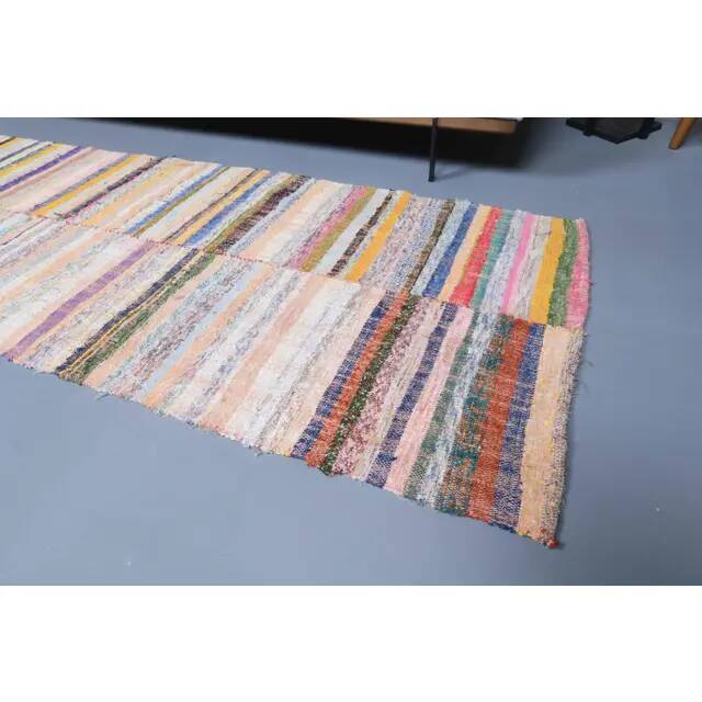 Vintage Turkish hand-knotted wool cotton beige kilim runner rug 85x260