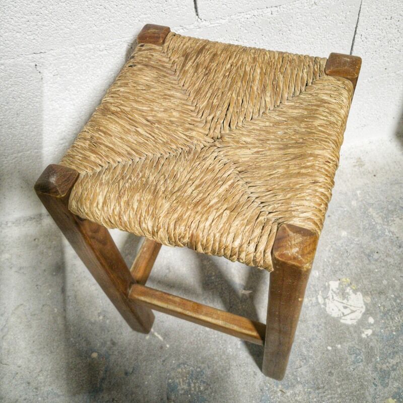 Square stool wood & straw