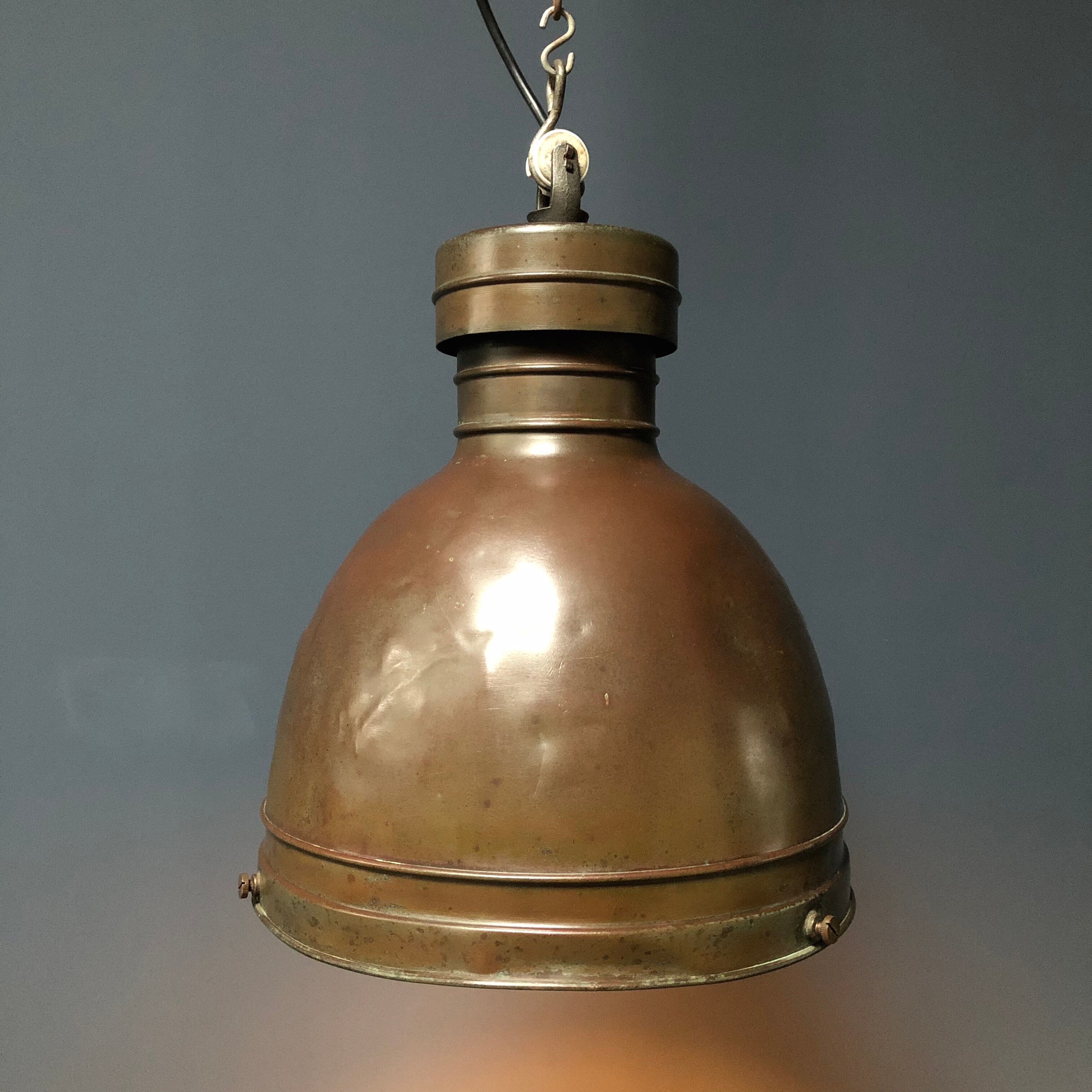 Old copper industrial church pendant light, Dutch 1930