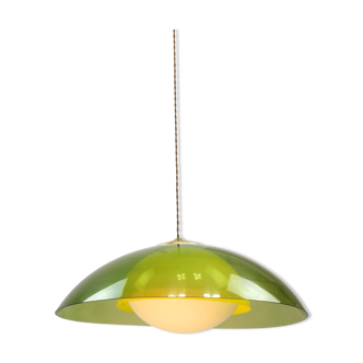 Large Italian Space Age Green & Yellow Pendant Lamp in Plexiglass & Brass