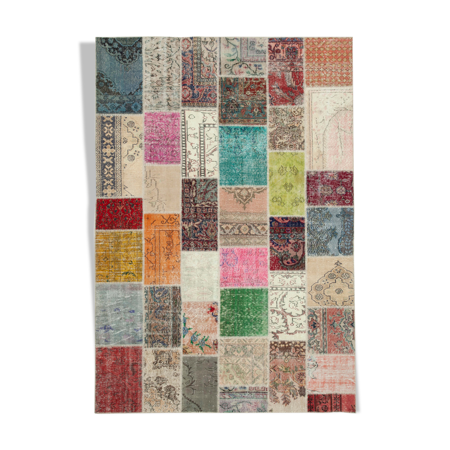 Hand-Knotted Oriental Overdyed 209 cm x 298 cm Multicolor Patchwork Carpet