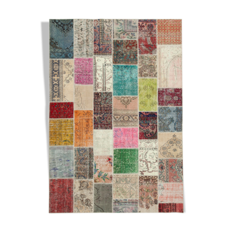 Hand-Knotted Oriental Overdyed 209 cm x 298 cm Multicolor Patchwork Carpet