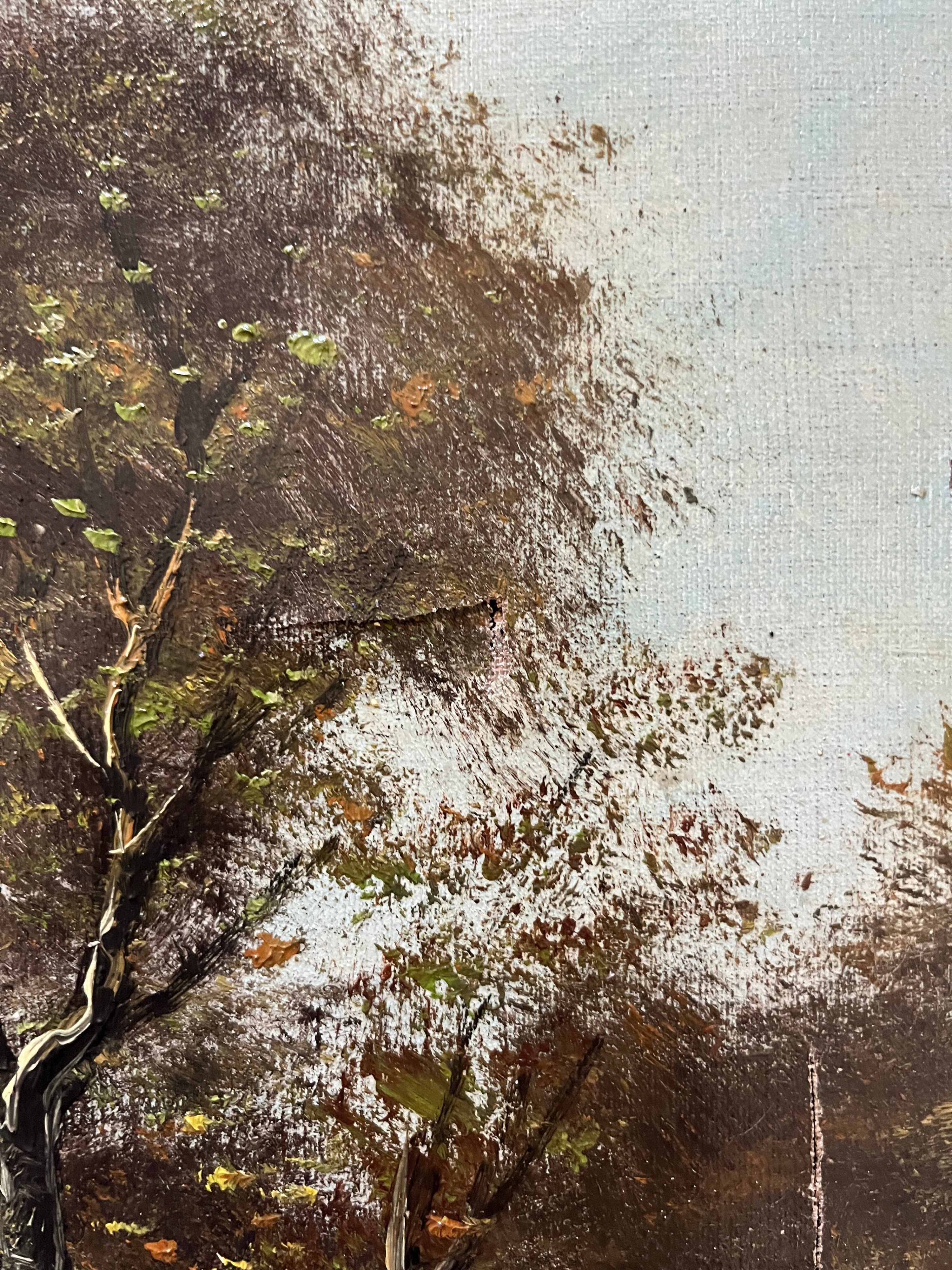 Table pendant of HST "Barbizon Landscape" signed (?) for restoration.