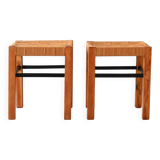 Pair of Scandinavian vinatge pine stools with woven seats