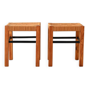 Pair of Scandinavian vinatge pine stools with woven seats