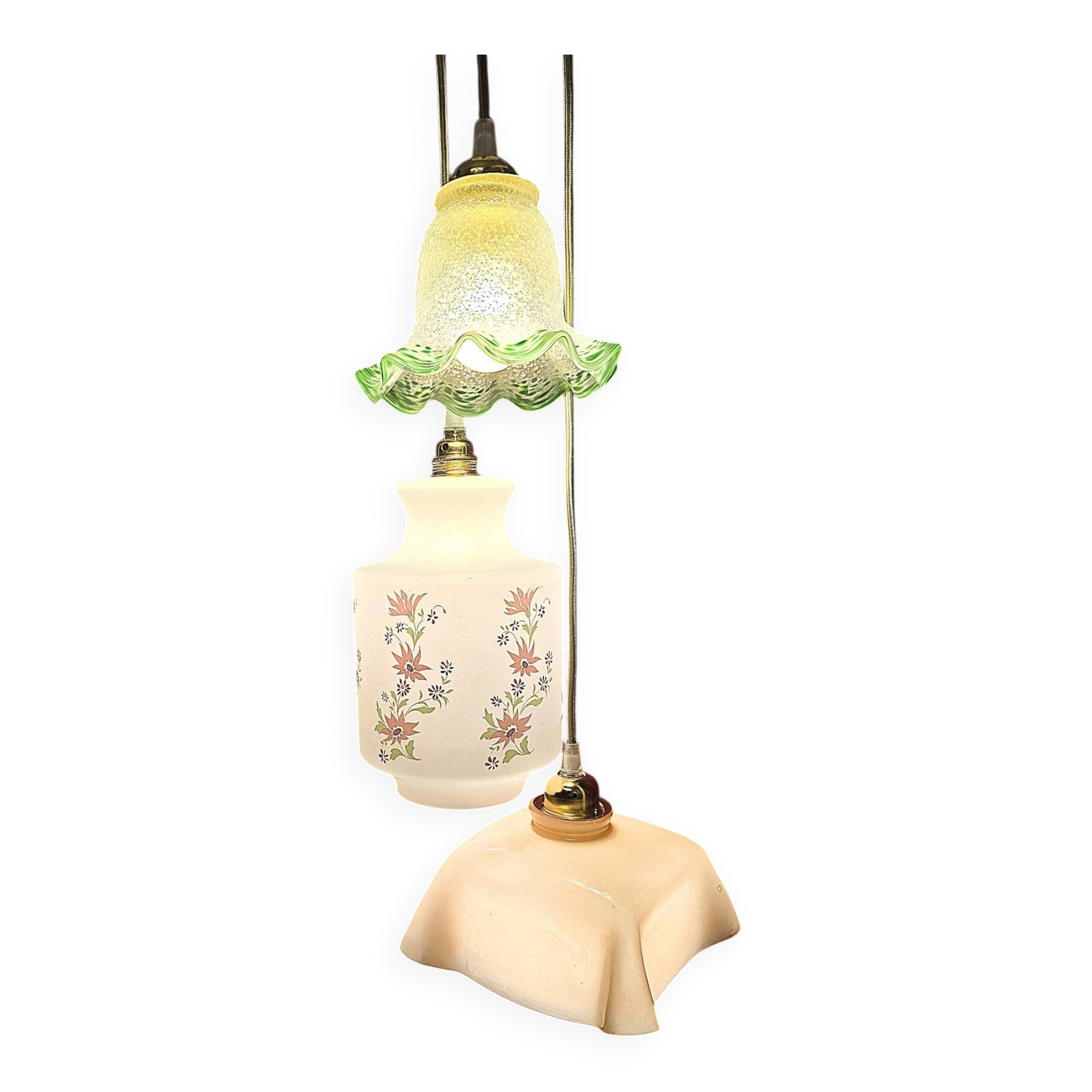 Vintage 3-light suspension, glass and opaline.