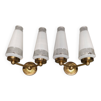 Pair of two-light wall lights from the 1950s - gilded brass, opaline molded glass