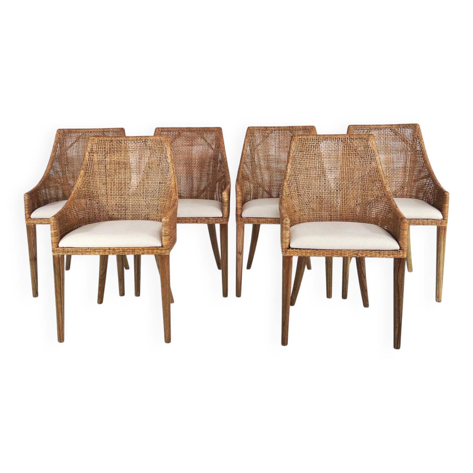 Rattan and Wood Chairs, France, Set of 6