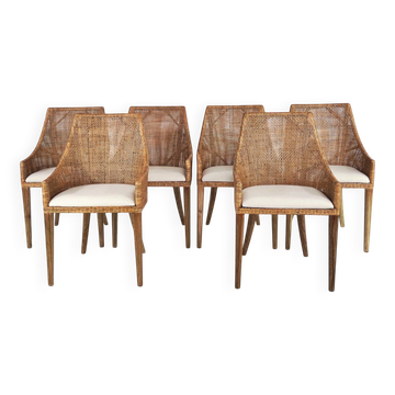 Rattan and Wood Chairs, France, Set of 6