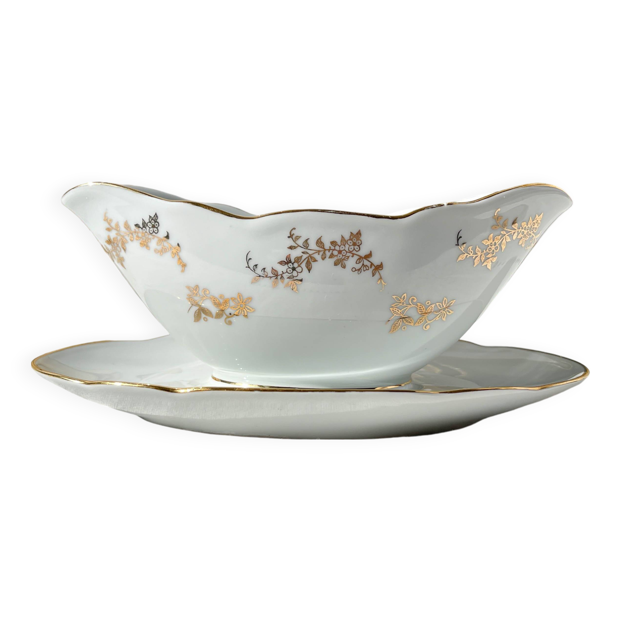 J&Ciem France 1950 white gilded porcelain sauce boat with floral pattern