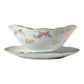 J&Ciem France 1950 white gilded porcelain sauce boat with floral pattern