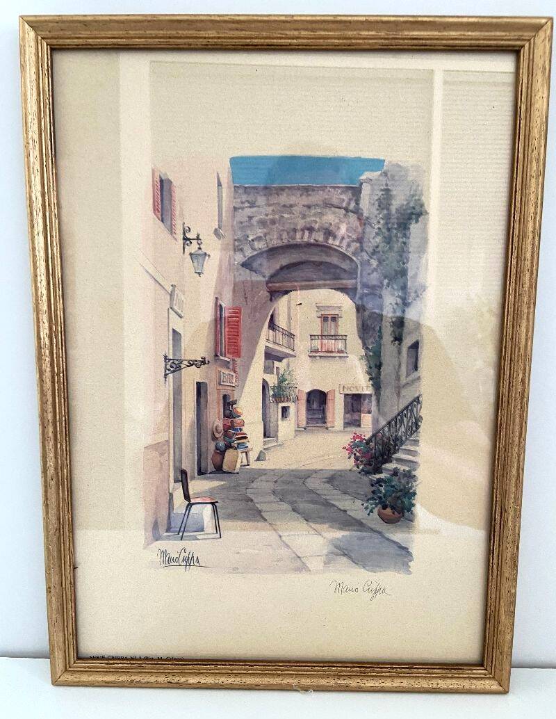 Framed Table Lithograph Watercolour Artist Mario Crippa Italy 70