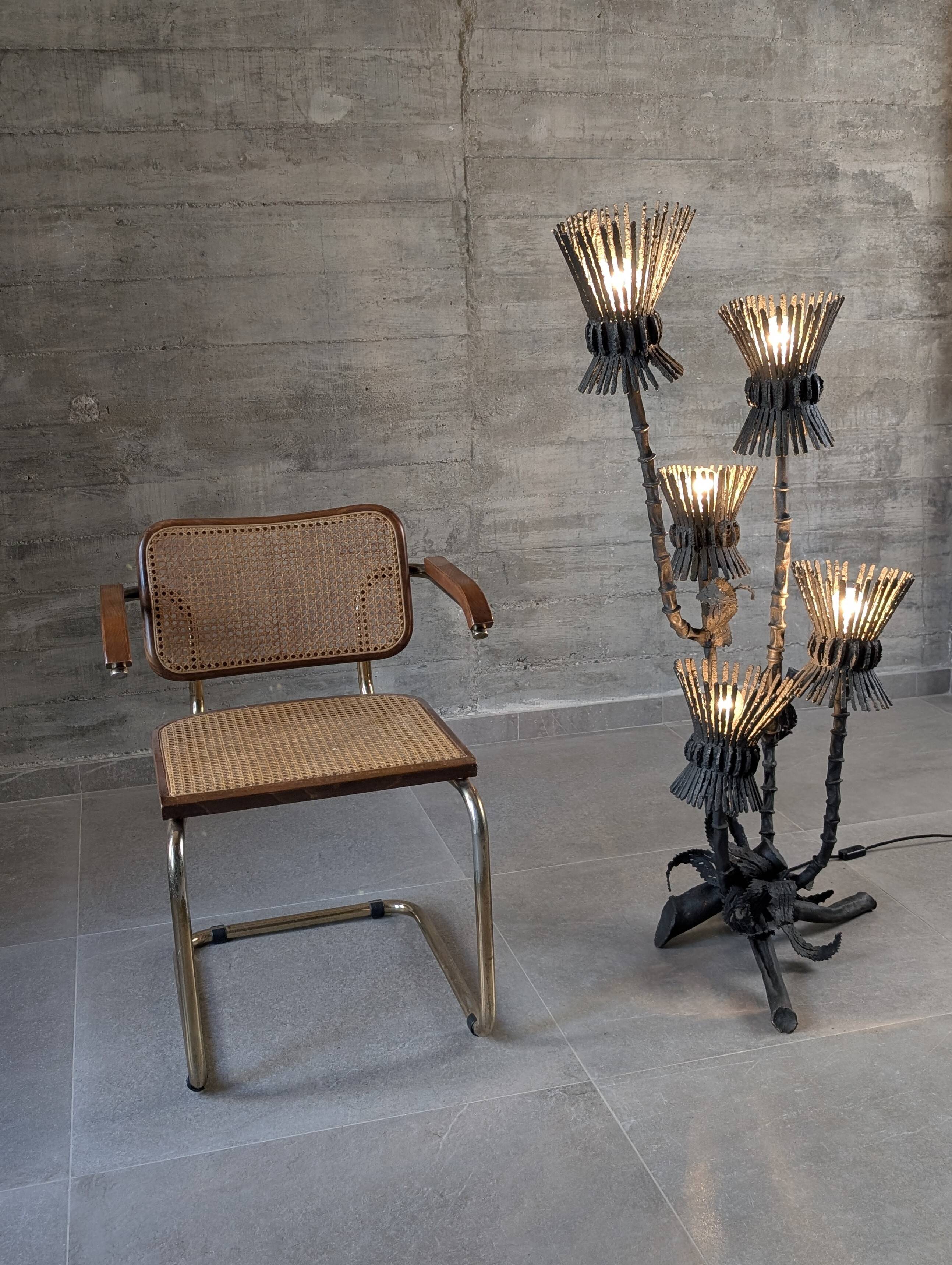 Brutalist floor lamp with five thistle-shaped lights in black wrought iron, 1970s