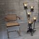 Brutalist floor lamp with five thistle-shaped lights in black wrought iron, 1970s