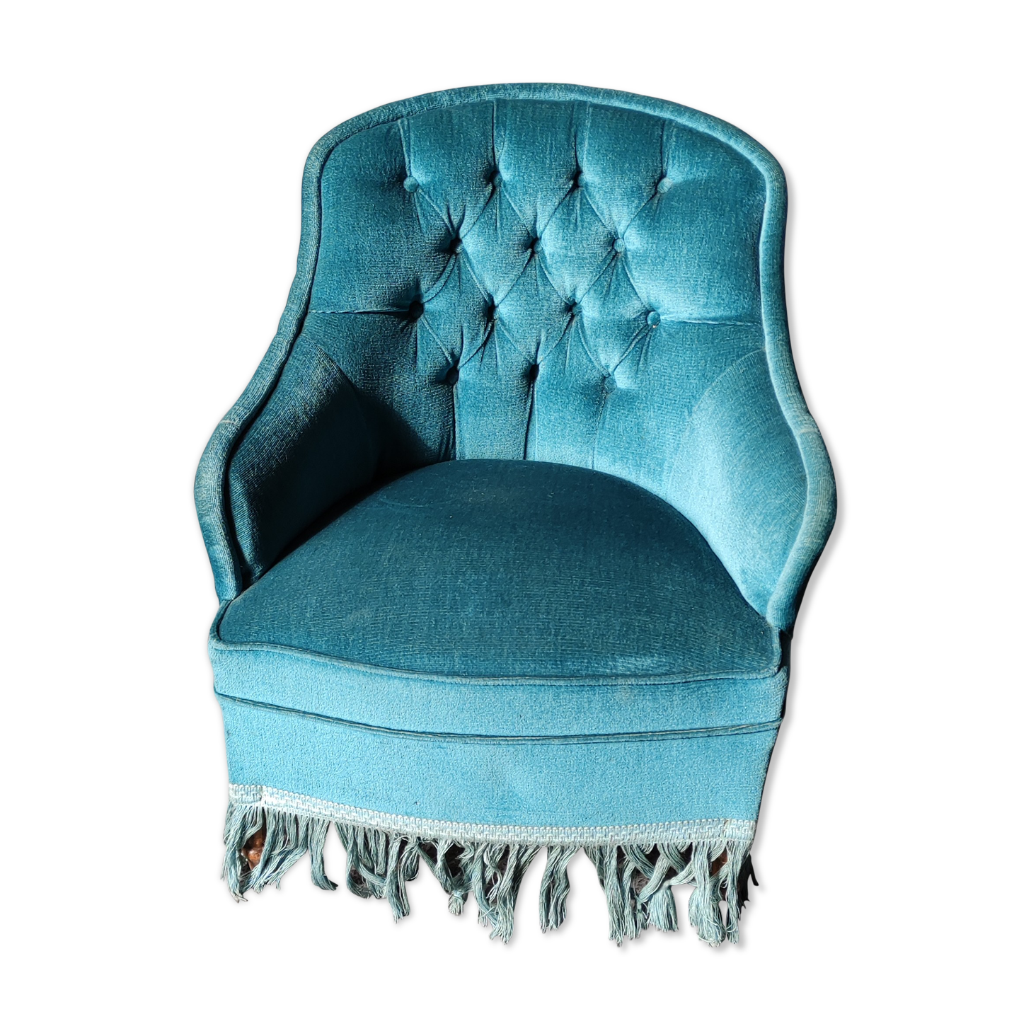Blue velvet upholstered toad armchair