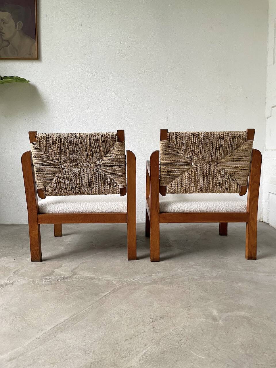 Pair of oak and straw armchairs, reconstruction style