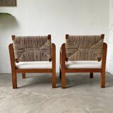 Pair of oak and straw armchairs, reconstruction style