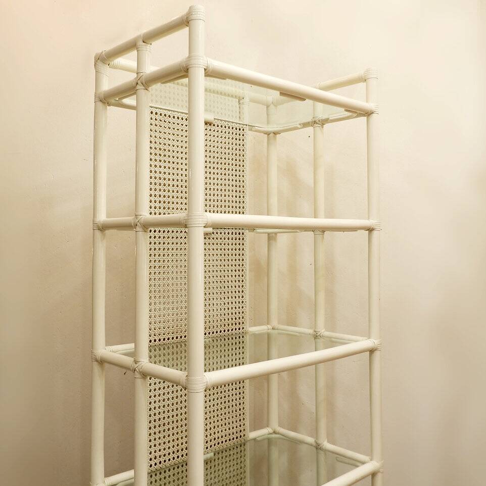 Pair of Lacquered canework shelves, Bamboo and Glass, 1980s - Italy