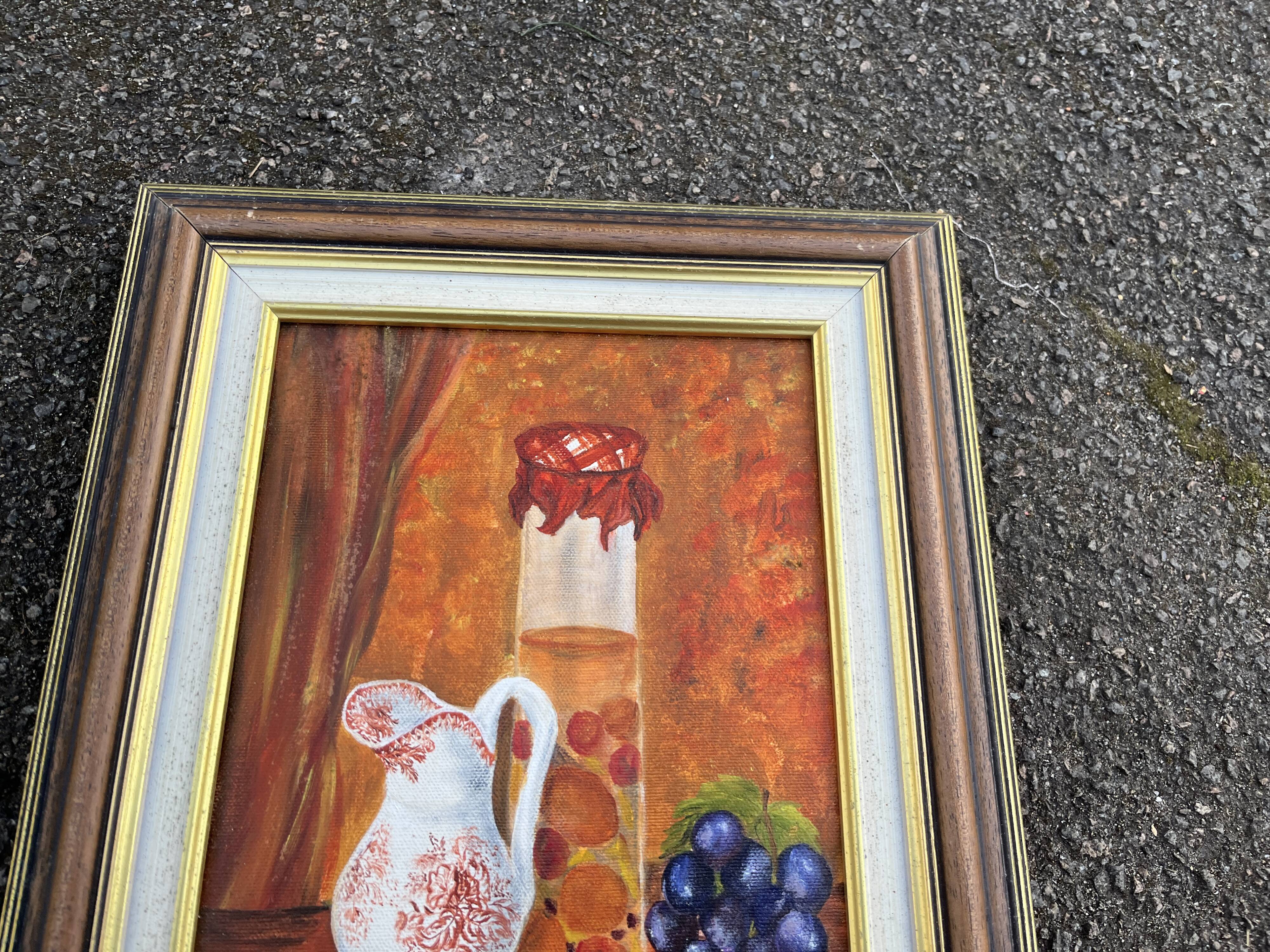 Still life with jam jar, flowered jug and grapes – Signed oil