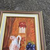 Still life with jam jar, flowered jug and grapes – Signed oil