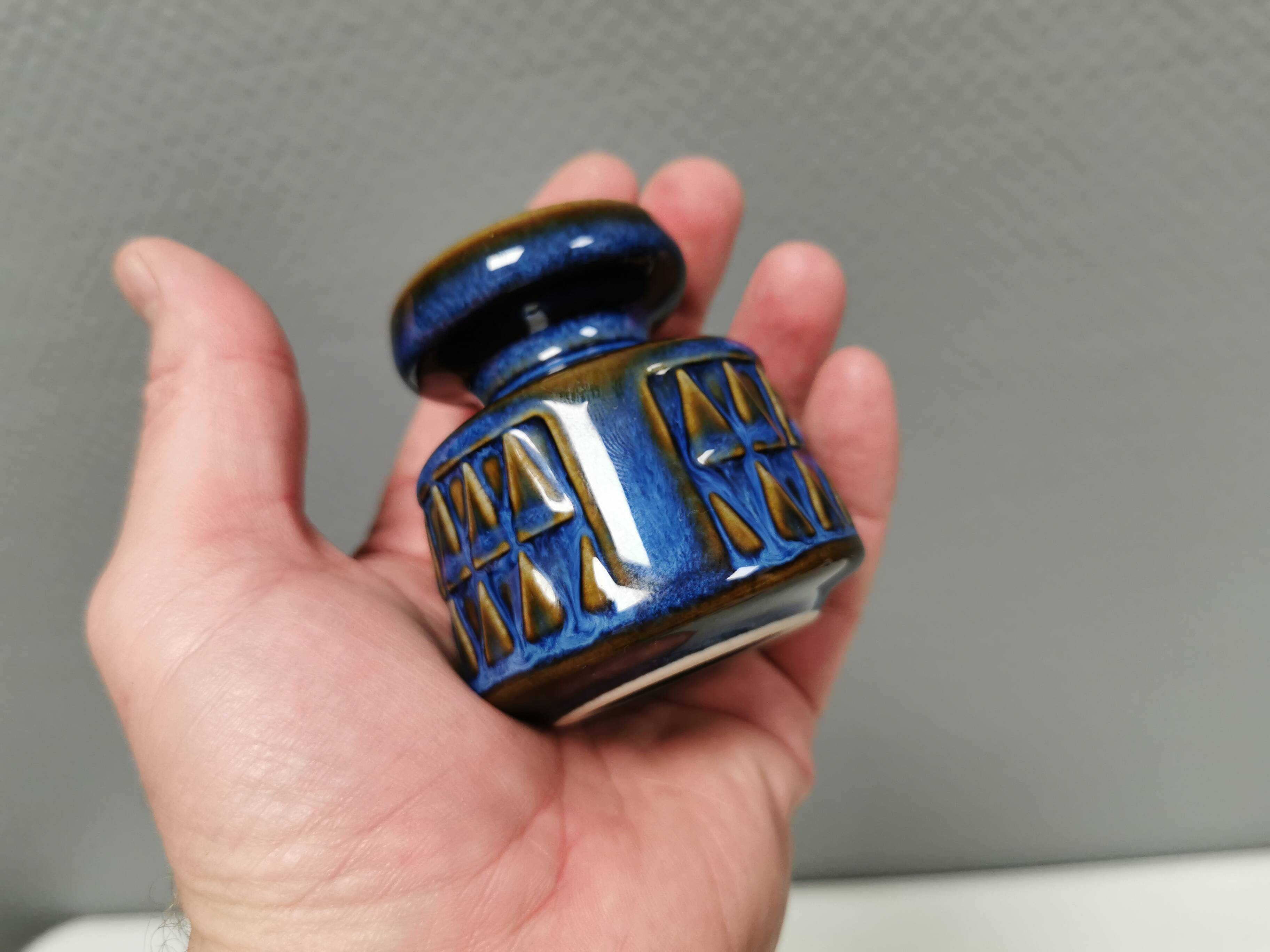 Small candle holder in blue glaze from Danish Søholm 1970s.