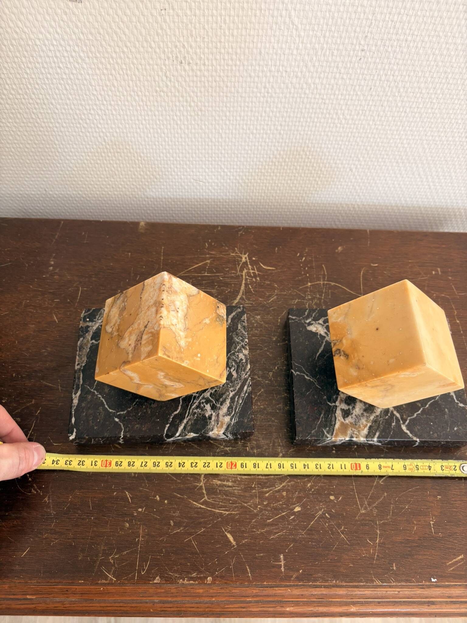 Vintage Pair of Cube Bookends in Yellow Siena Marble Art Deco Circa 1930