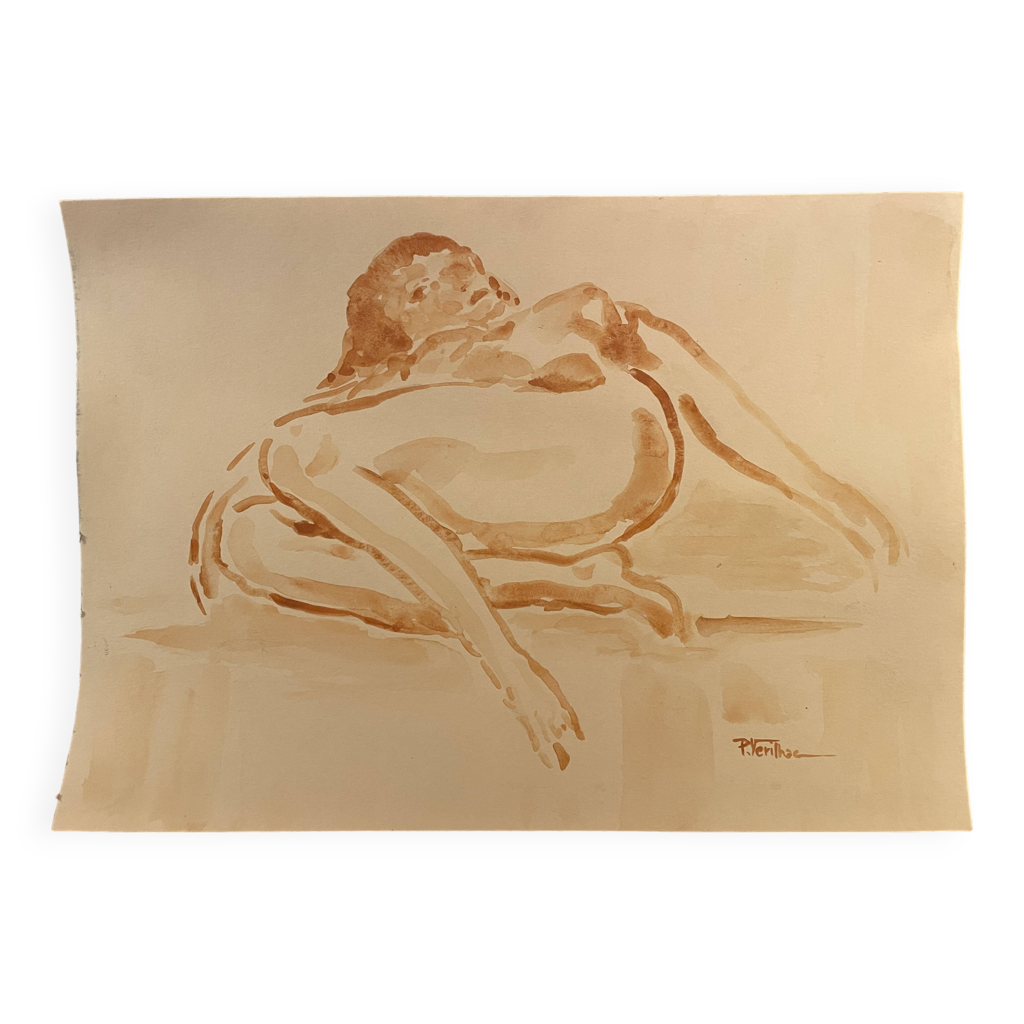 Tableau signé aquarelle monochrome  portrait féminin « étude allongée »