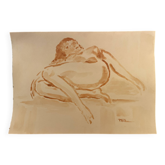 Signed painting monochrome watercolor female portrait "reclining study"