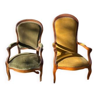 Duo of old Voltaire wood velvet armchairs