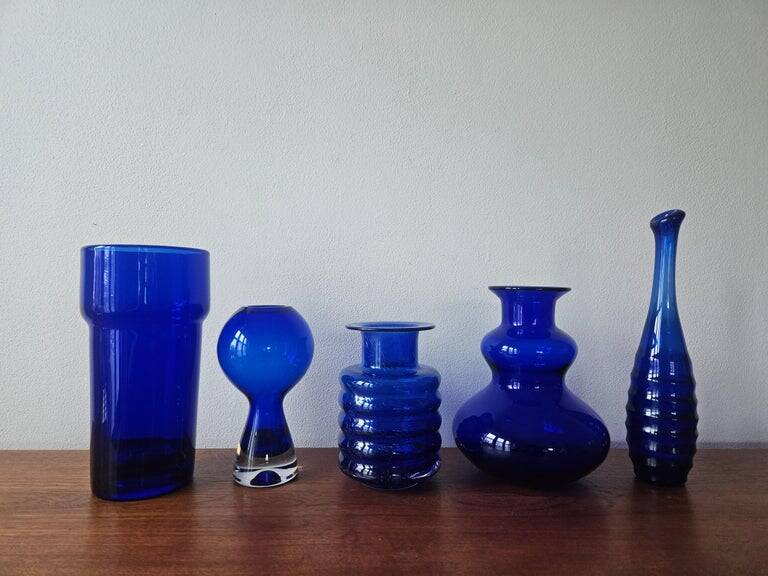 Set of five mid-century cobalt glass vases, Harzkristall, Marita Voigt, 1970
