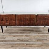 Vintage six-drawer mahogany burl dresser with glass top