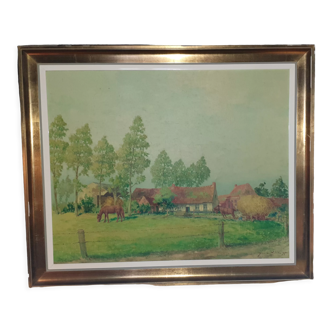 Huile sur toile campagne pastorale 1970