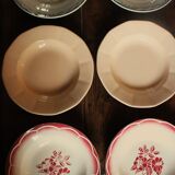 6 mismatched soup plates Digoin Sarreguemines red blue pink