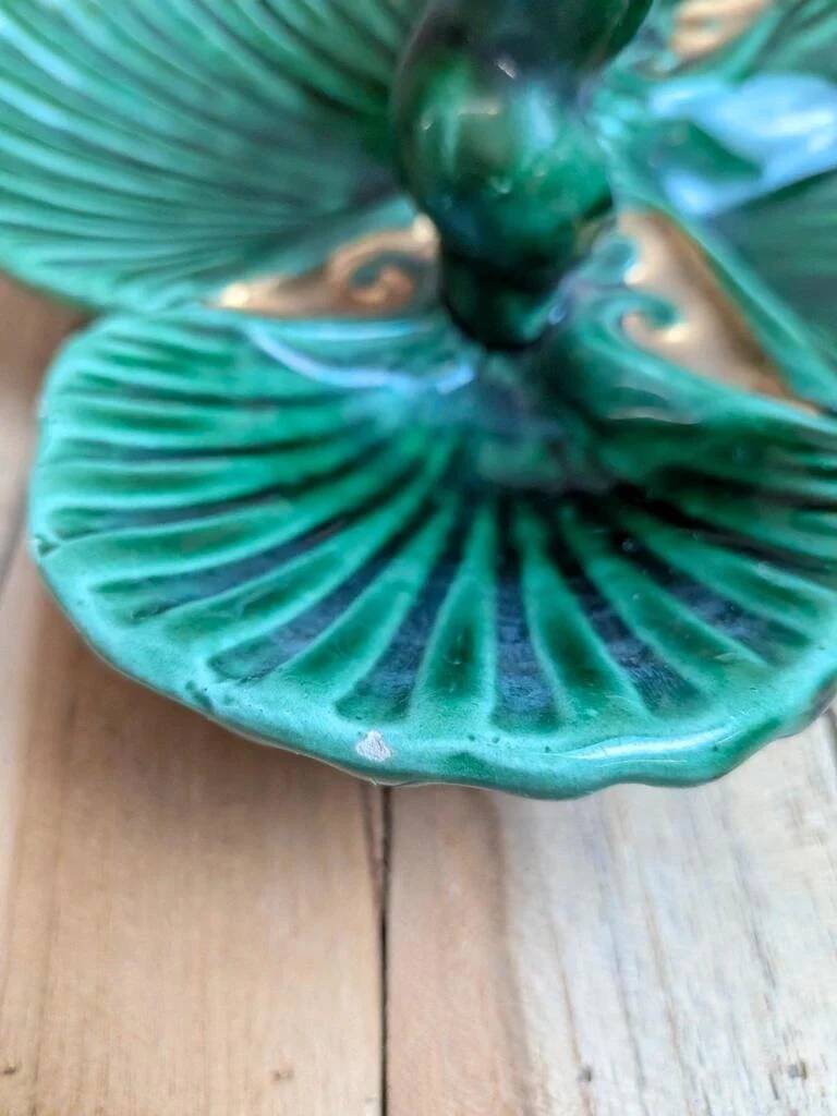 Vintage ceramic server in green with shell design, Vallauris style.