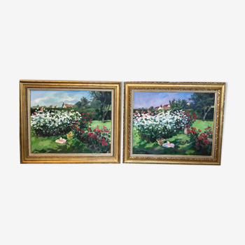 Pair of large oils on canvas, jardin fleuri, Olga Mischkine 81 x 65 cm