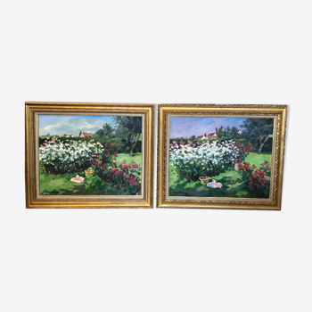 Paire de grandes huiles sur toile, jardin fleuri,  (1910-1985) -81 x 65 cm